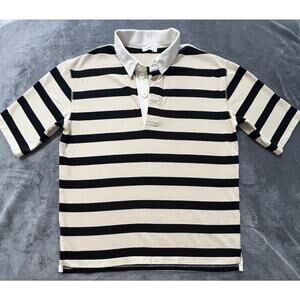 CLOSED Men’s Rugby Polo Shirt Large Black Cream Striped Short Sleeve Cotton10